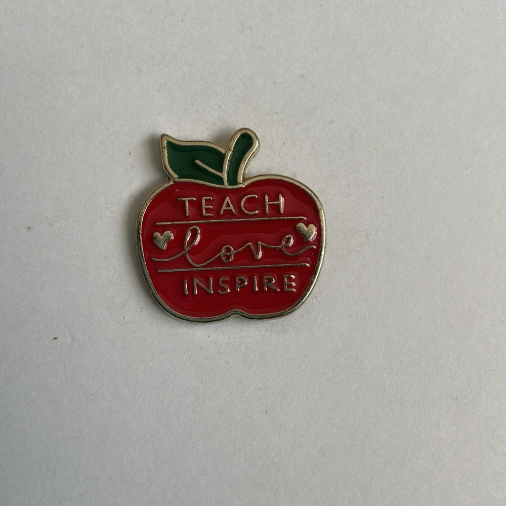 Teach Love Inspire Teacher Apple Lapel Pin Red Gold Enamel Pinback Gift